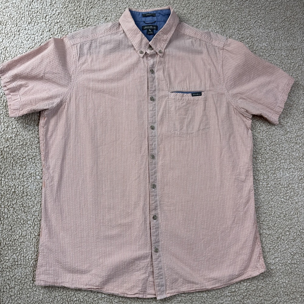 Eddie Bauer Button Down Shirt Men's XL Seersucker Classic Fit Short Sleeve Pink